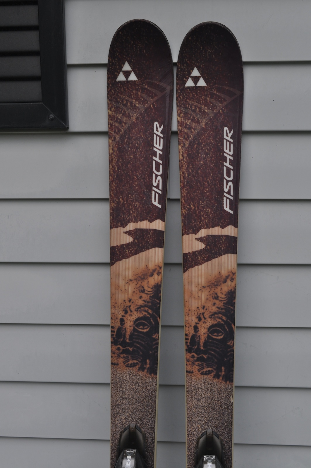 On the right side of the right ski, just above the bindings you can see a small chip.  The only ding on these skis.
