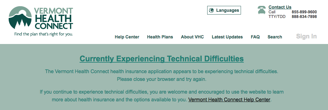 Today's landing page on the VT Health Connect website....  Hold times on the phone will easily be over 45 min on Monday, I guarantee it.